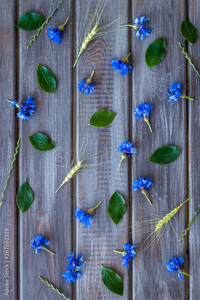 田野花卉设计，木质背景俯视图图案上有蓝色矢车菊