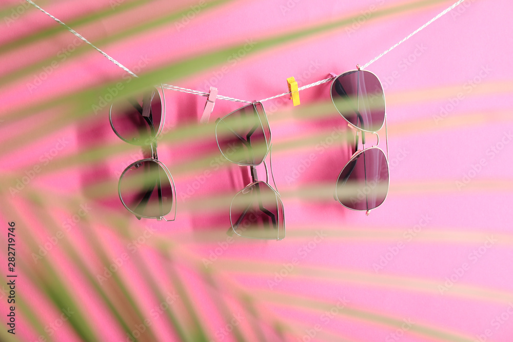 时尚的太阳镜挂在绳子上，以彩色为背景，透过热带树叶观看