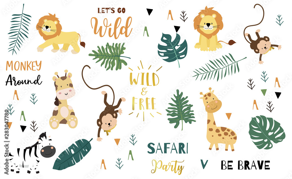 带有猴子、长颈鹿、斑马、狮子、树叶的Safari对象。徽标、贴纸、明信片、桦树的插图
