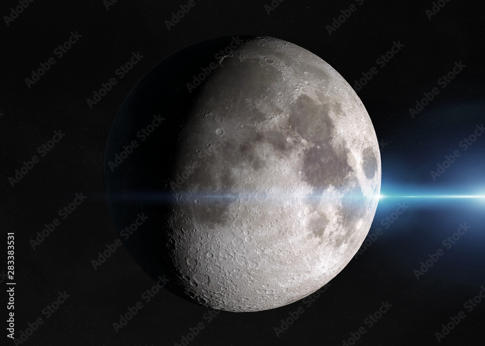 美国国家航空航天局提供的带有恒星的半个月球在太空中的视图该图像的3D渲染元素