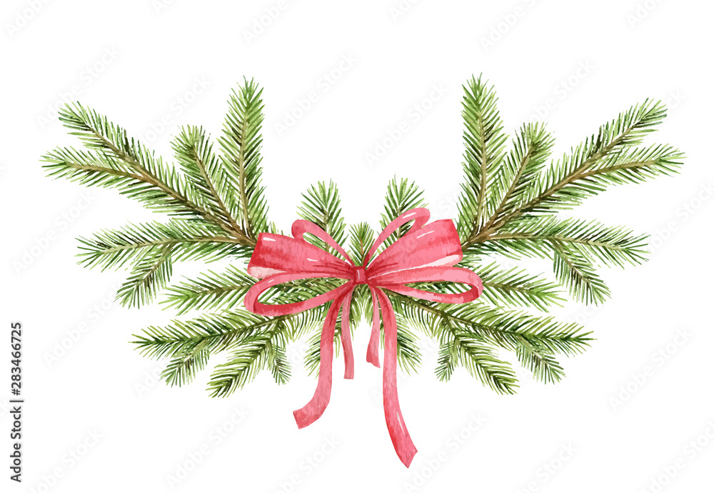 水彩矢量圣诞花环，绿色松枝，红色蝴蝶结。