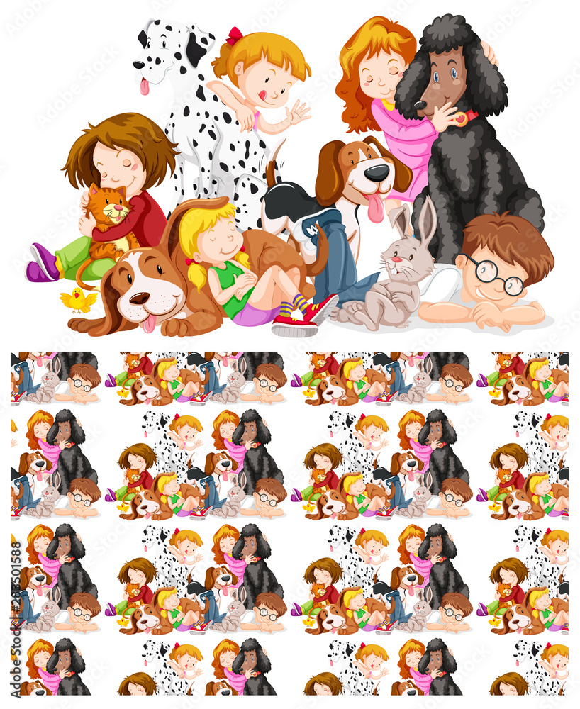Seamless background design with kids and pets
