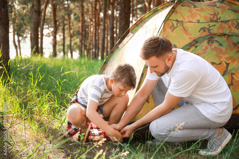 父亲和他的小儿子在森林里搭帐篷