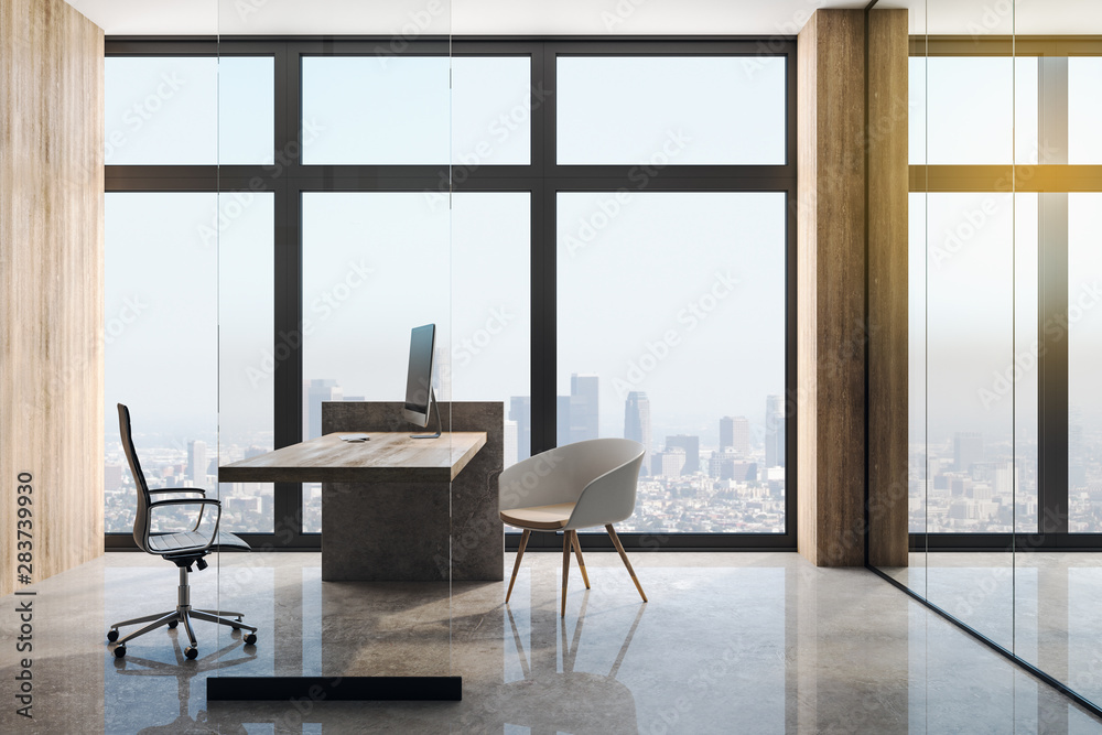 摩天大楼中带大窗户的现代阁楼式办公室。