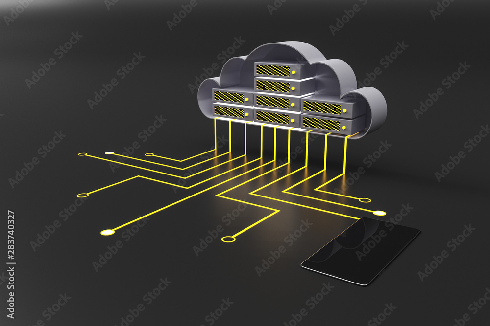 移动云和数据概念，包括云电路、电线和手机。