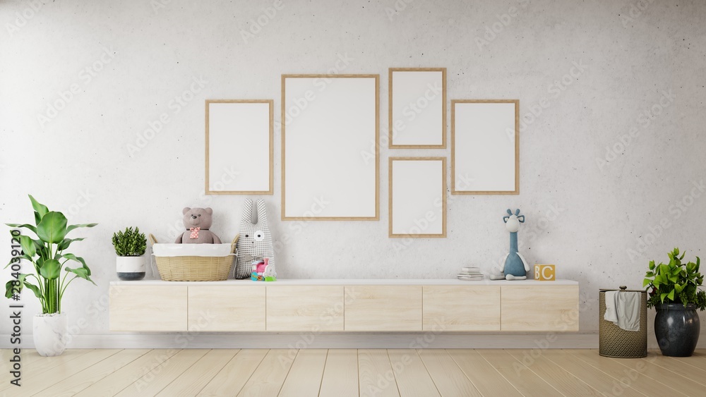 Mock up poster with vintage pastel hipster minimalist on cabinet.