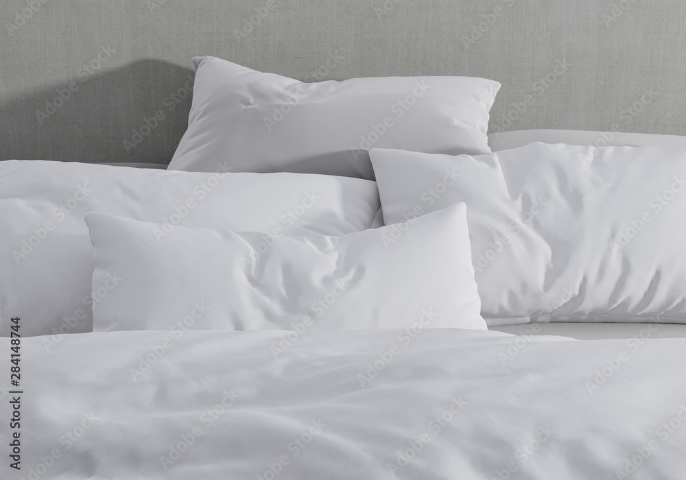床上用品背景上的白色枕头。床上装饰。3d渲染。轻盈睡眠。实物模型