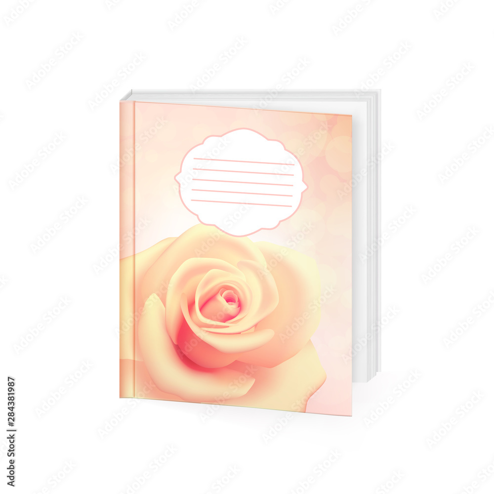 School notebook for notes, decorated with a rose, pink background with bokeh. Mocap for advertising.