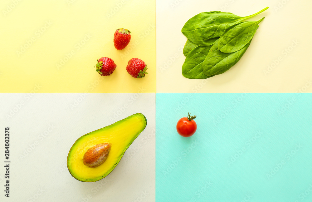 Fresh strawberry with avocado and spinach on color background