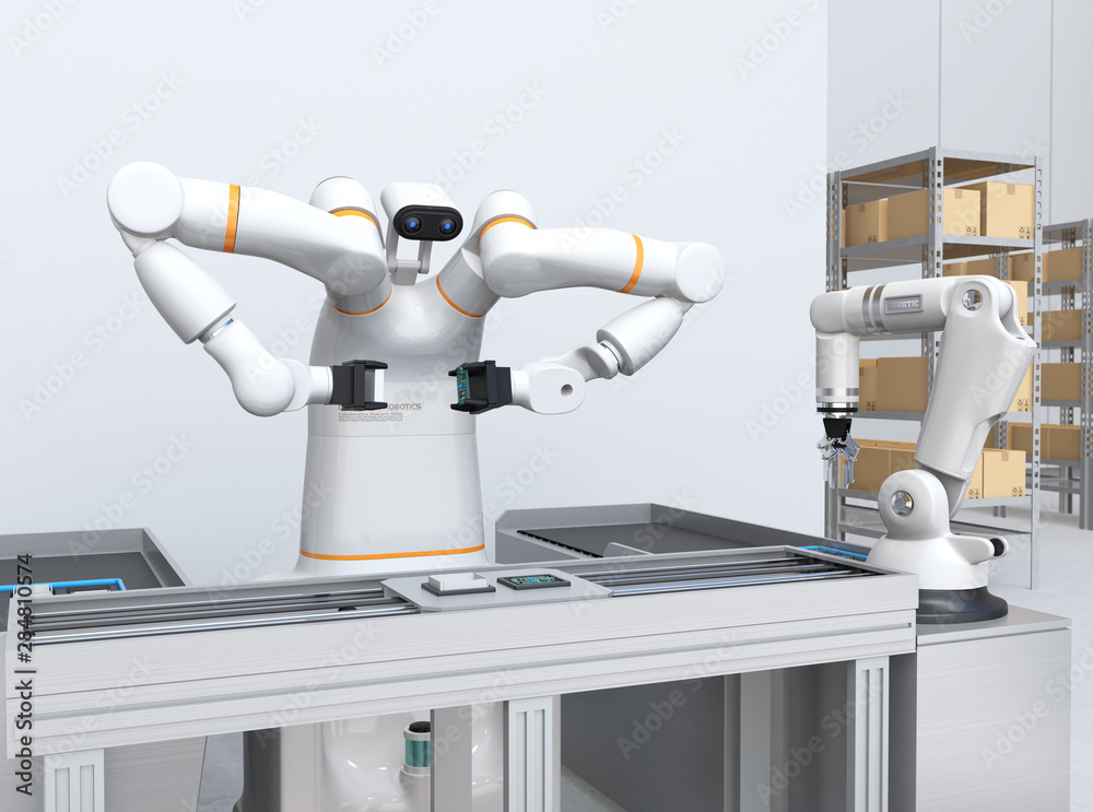 双臂机器人在细胞生产空间组装印刷电路板。协作机器人概念