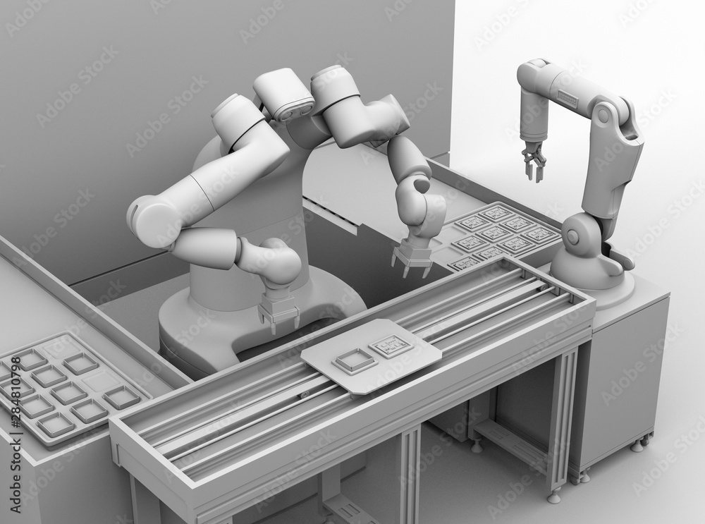 细胞生产空间中双臂机器人组装印刷电路板的粘土渲染。Collabora