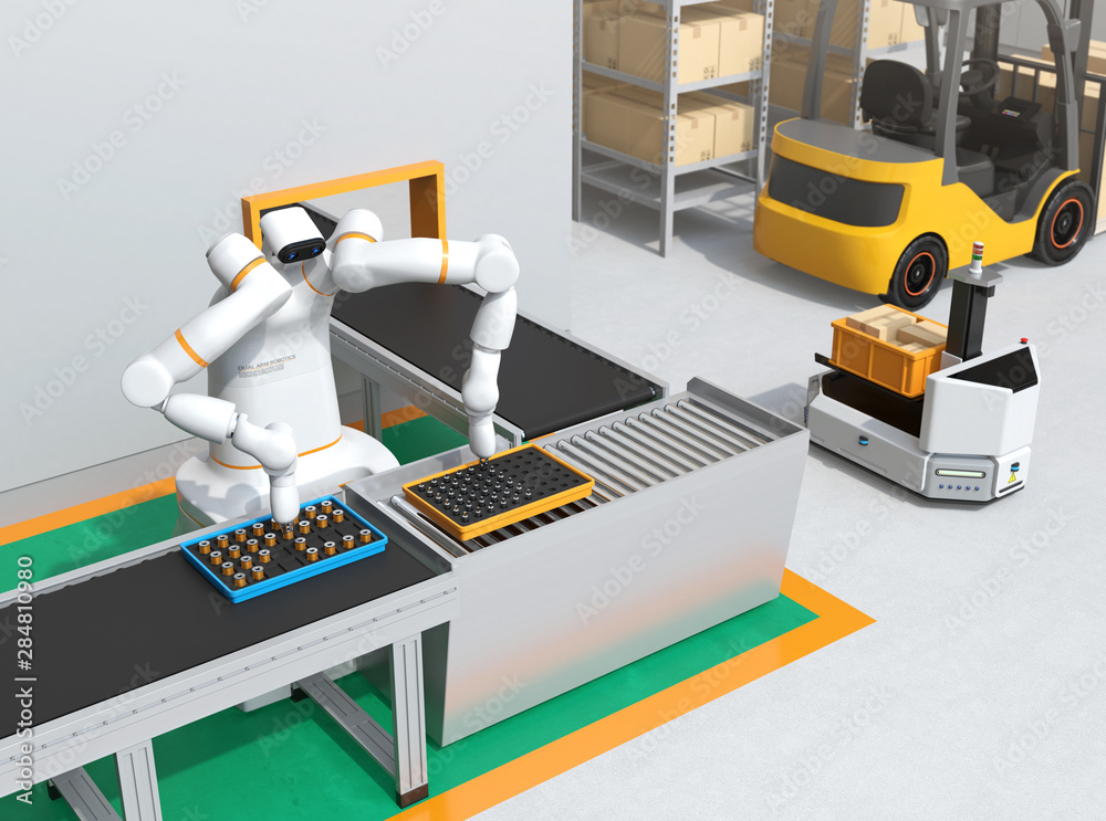 双臂机器人在细胞生产空间组装电机线圈。协作机器人概念。3D渲染