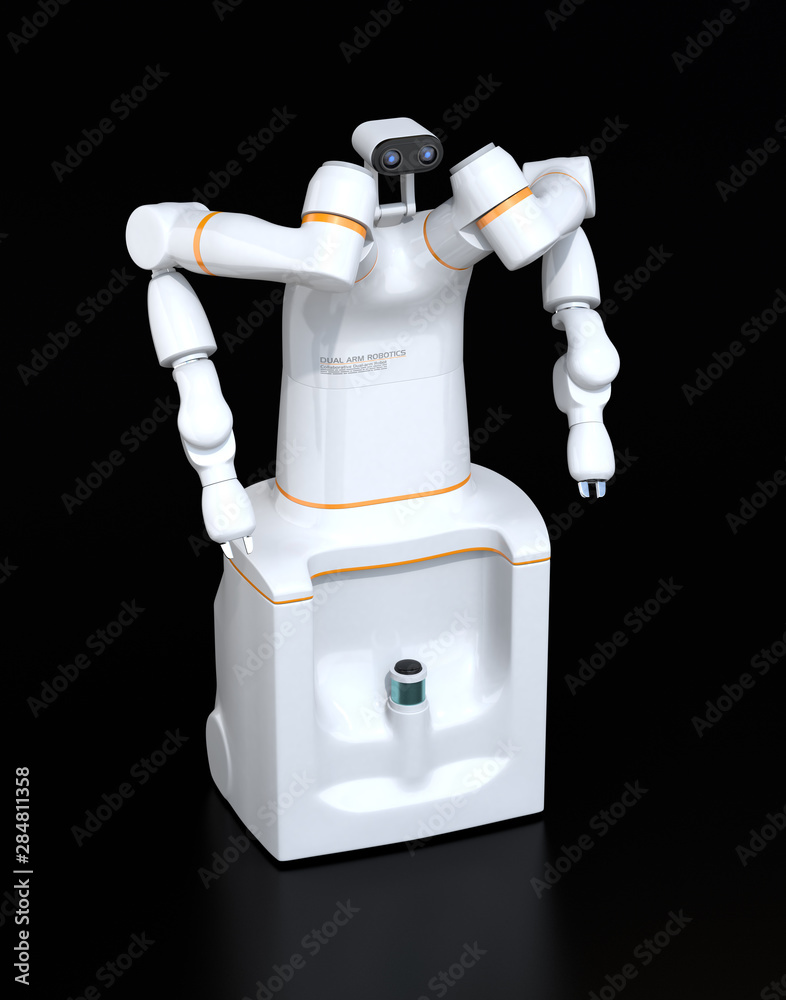 White color self-driving dual-arm robot on black background. Collaborative robot concept. 3D renderi
