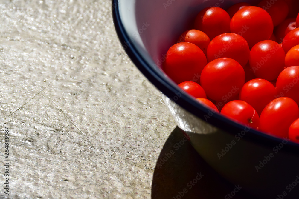 Cherry tomatoes collected from a bed in a bowl on a table