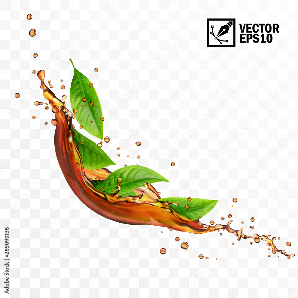 Realistic transparent isolated vector falling splash of tea with leaves, editable handmade mesh