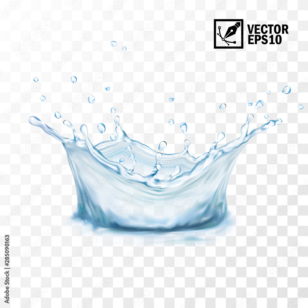 Realistic transparent isolated vector splash of water with drops. Editable handmade mesh