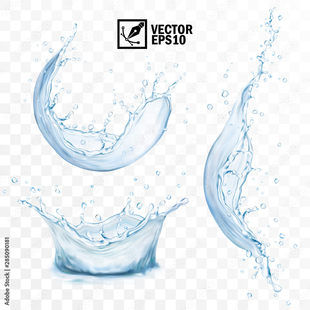 Realistic transparent isolated vector set splash of water with drops, a splash of falling water, a s
