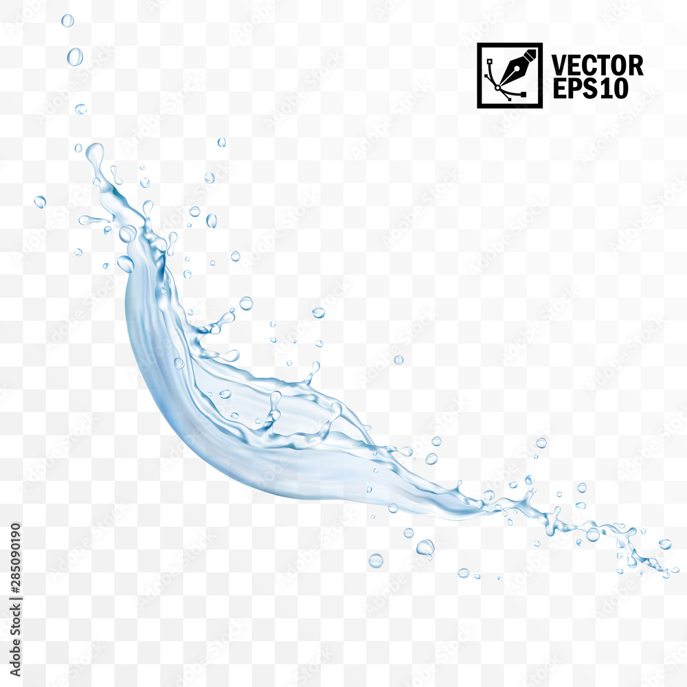 Realistic transparent isolated vector falling splash of water with drops, editable handmade mesh