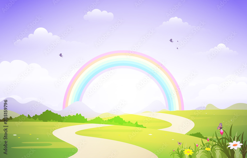 美丽的彩虹天空与绿色草甸山自然景观插图