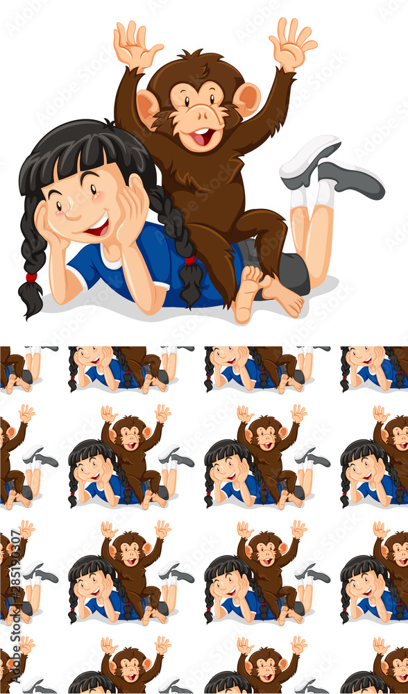 Seamless background design with girl and monkey
