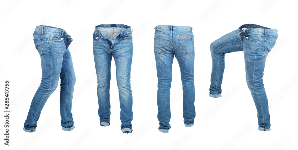 在白色ba上移动隔离的空白空牛仔裤左侧、右侧、前侧和后侧