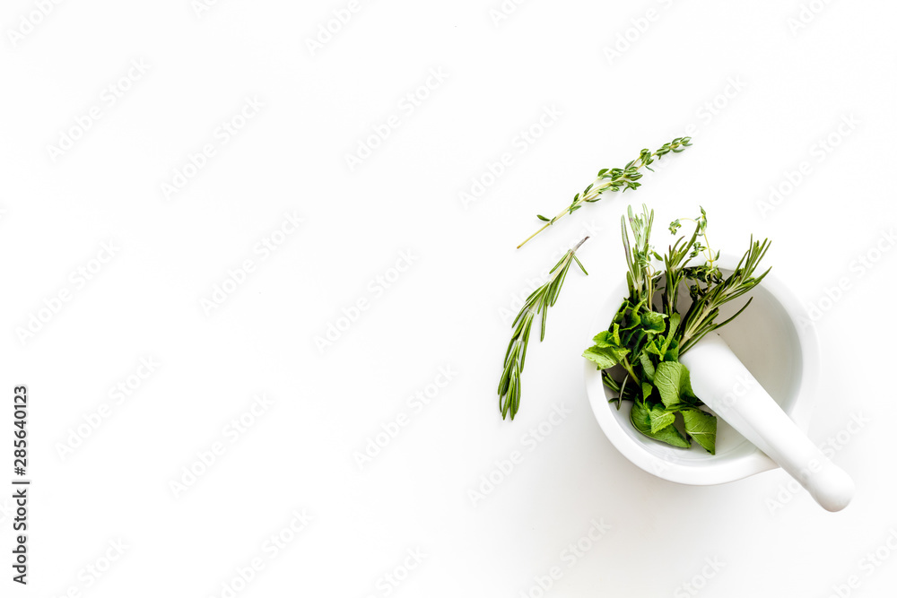 Store up medicinal herbs on white background top view space for text