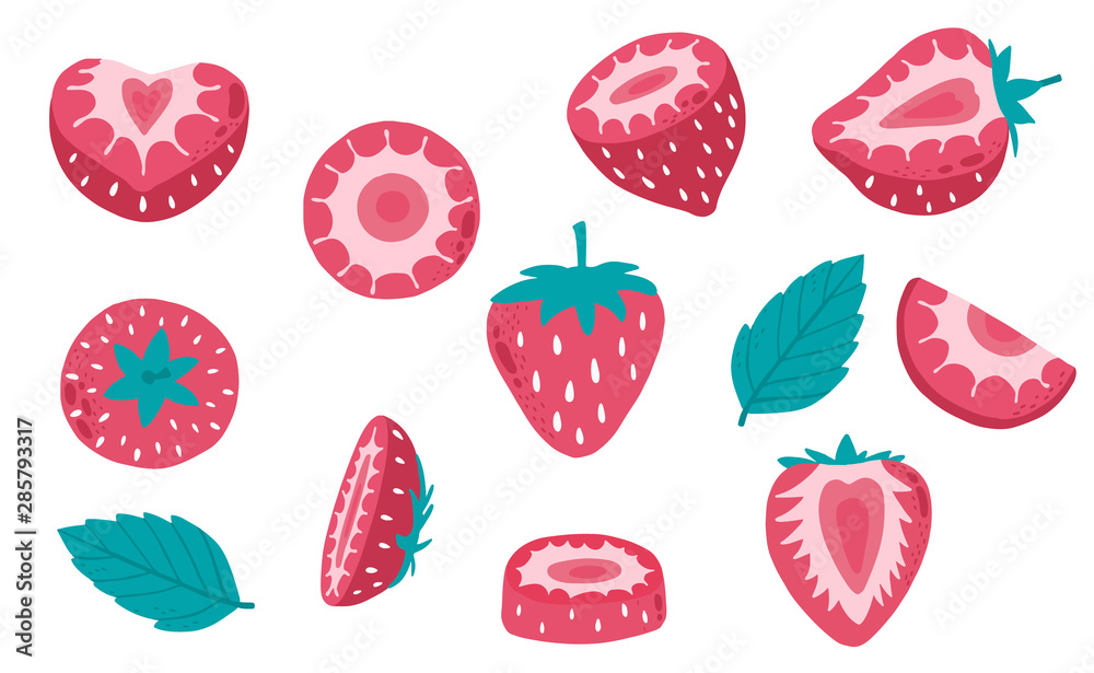 Cute strawberry fruit object collection.Whole, cut in half, sliced on pieces strawberry. Vector illu