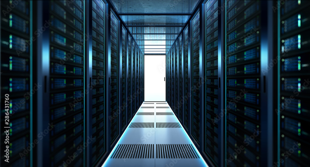 Big data center storage with full of rack servers .Cloud server room 3D rendering .