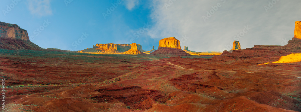 Panoramic view of monument valley from John Fords point in Navajo Nation’s Monument Valley Park.Ari