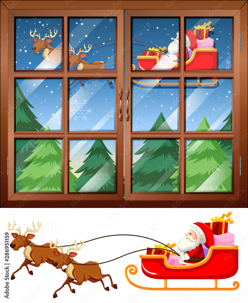 圣诞老人夜间雪橇的窗口场景