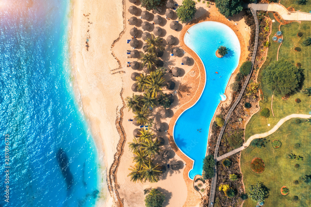 游泳池、雨伞、绿树成荫的沙滩和蓝色大海的鸟瞰图。印度洋海岸位于