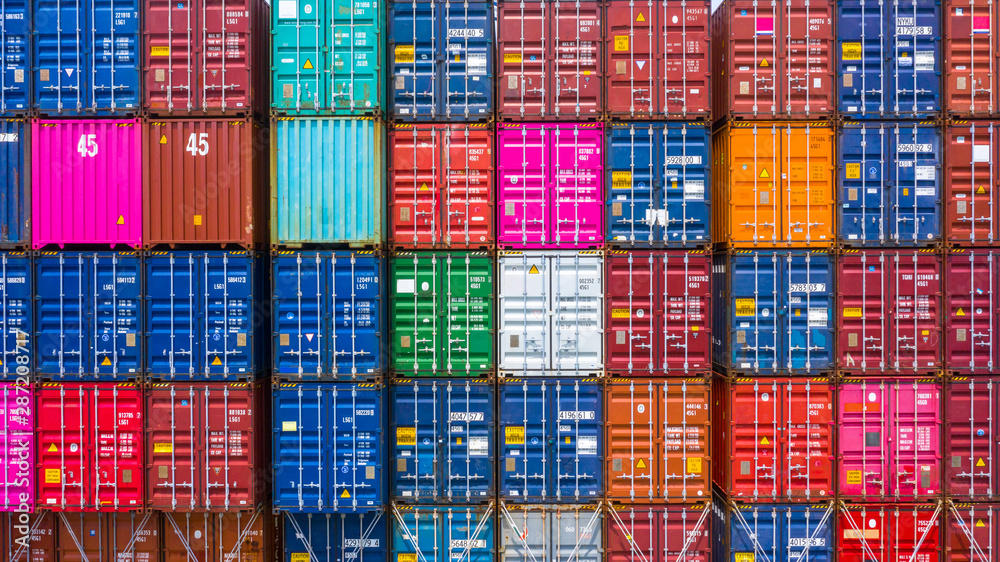 Abstract texture and background stack of freight cargo shipping containers at the docks, Stack of co