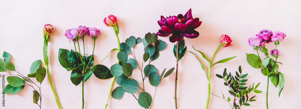 各种夏季花朵平展。紫色牡丹、粉色玫瑰、郁金香和绿色树枝覆盖在柔和的p上