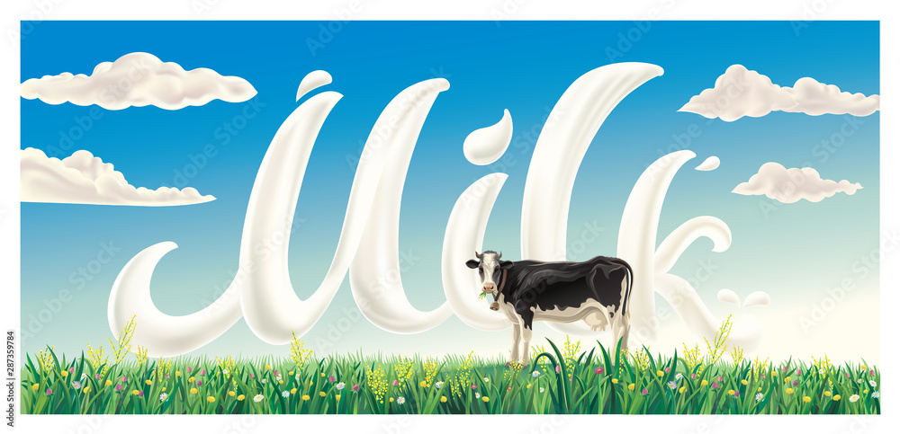乡村夏日景观，花草间有奶牛，b中有铭文和云朵