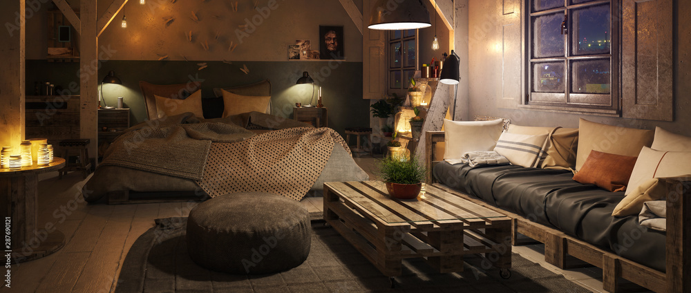 Truss Loft Bedroom with Pallet Furniture by Night (panoramic) - 3d visualization