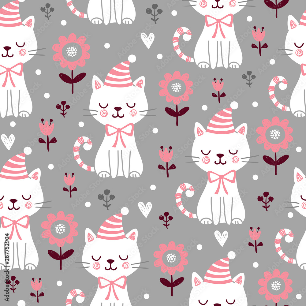 Vector seamless pattern with cute squinted kittens in Christmas caps on a gray background.