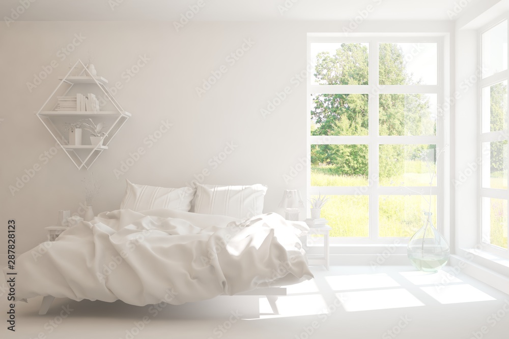 Stylish bedroom in white color with smmer landscape in window. Scandinavian interior design. 3D illu