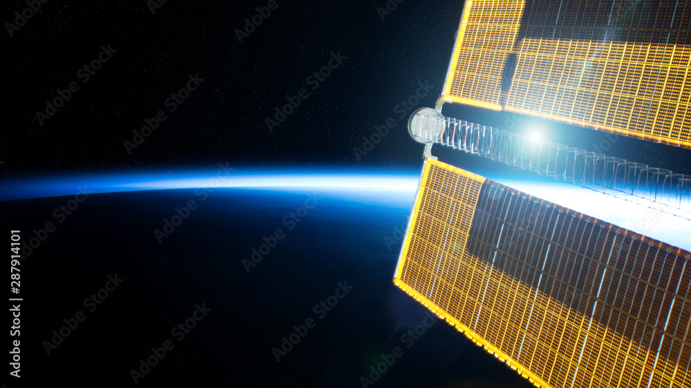 日出期间从空间站窗口观看地球地平线的3D渲染元素t