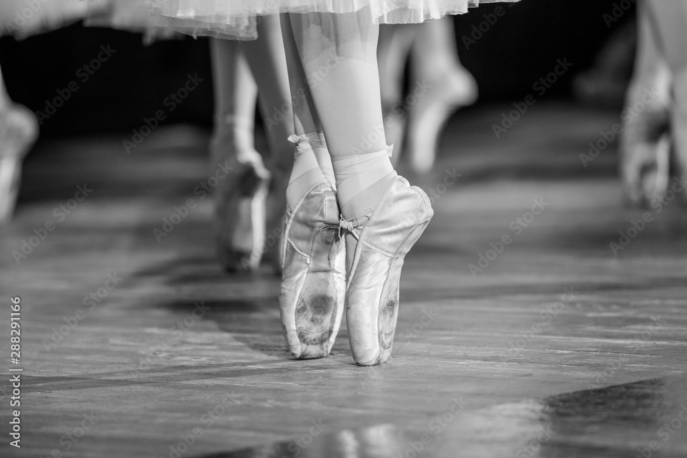 穿着芭蕾舞鞋的芭蕾舞演员的腿，特写