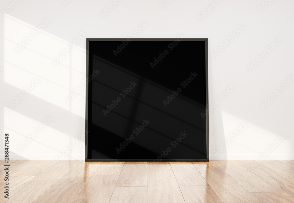 黑色框架倾斜在明亮的白色内部，木质地板模型3D渲染