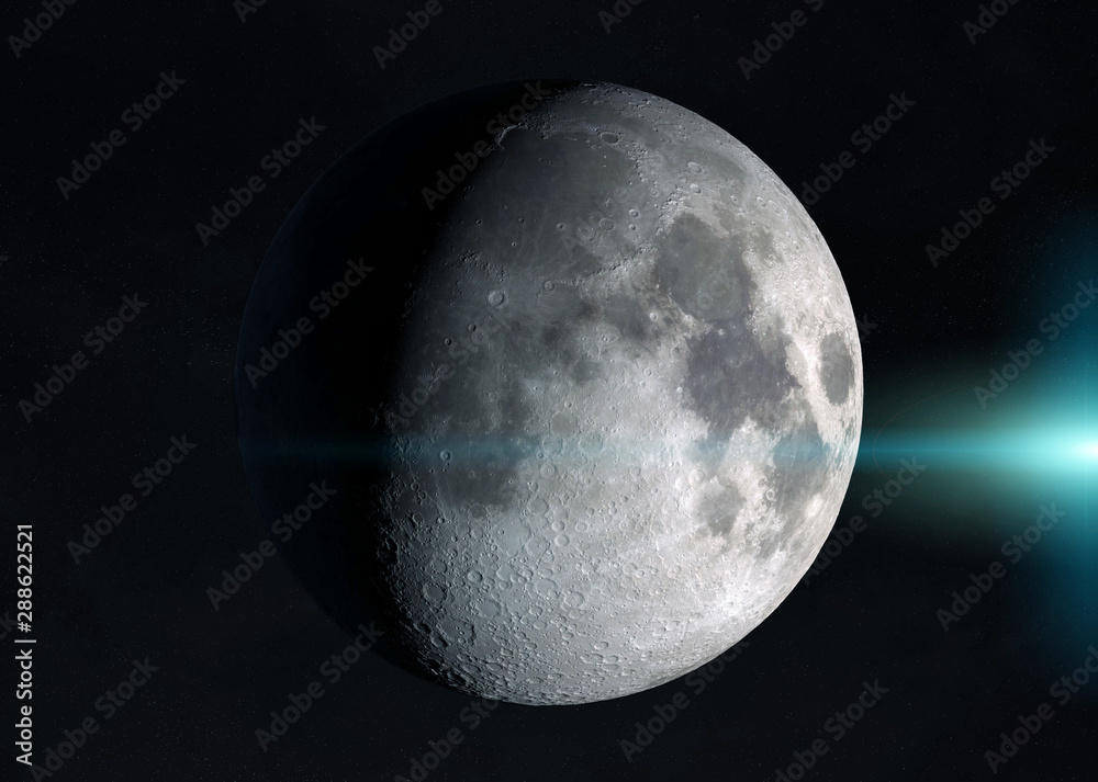 太空中的半月形视图，带有星星，这张图片的3D渲染元素由NASA提供