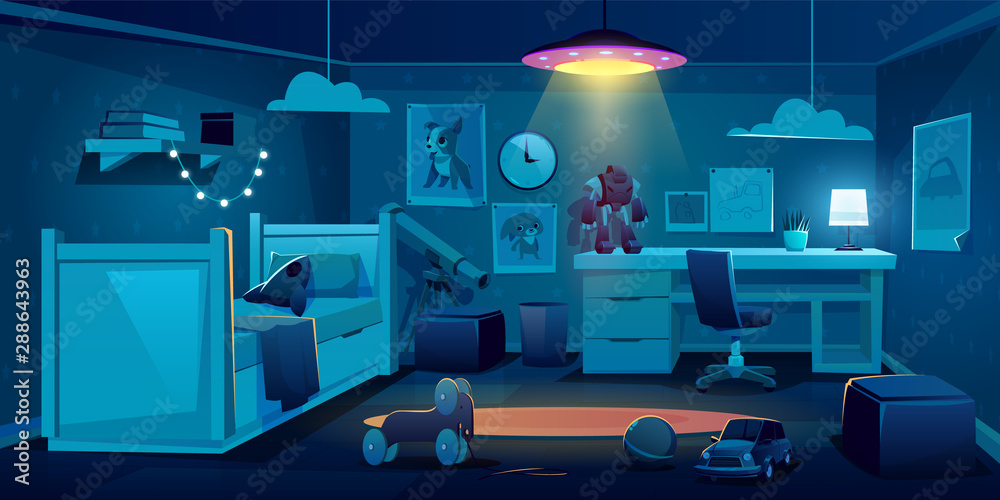 男孩晚上的儿童卧室，黑暗的空儿童房室内设计，配有床、桌子、发光的ufo-lam