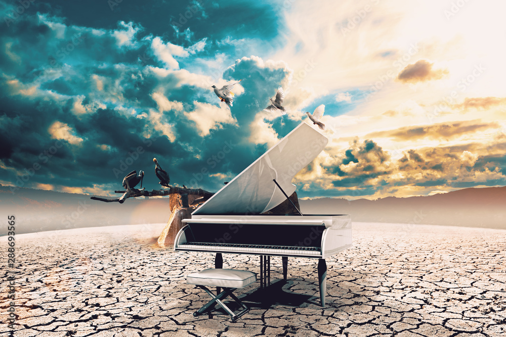 大自然中的钢琴。与钢琴音乐、歌曲和旋律有关的超现实形象。日落和旱地风景区