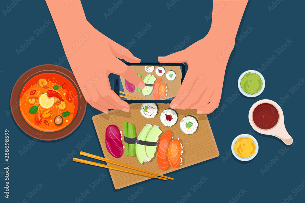 Male hands make photography of sushi rolls with mobile phone. Top view. Vector illustration on blue 