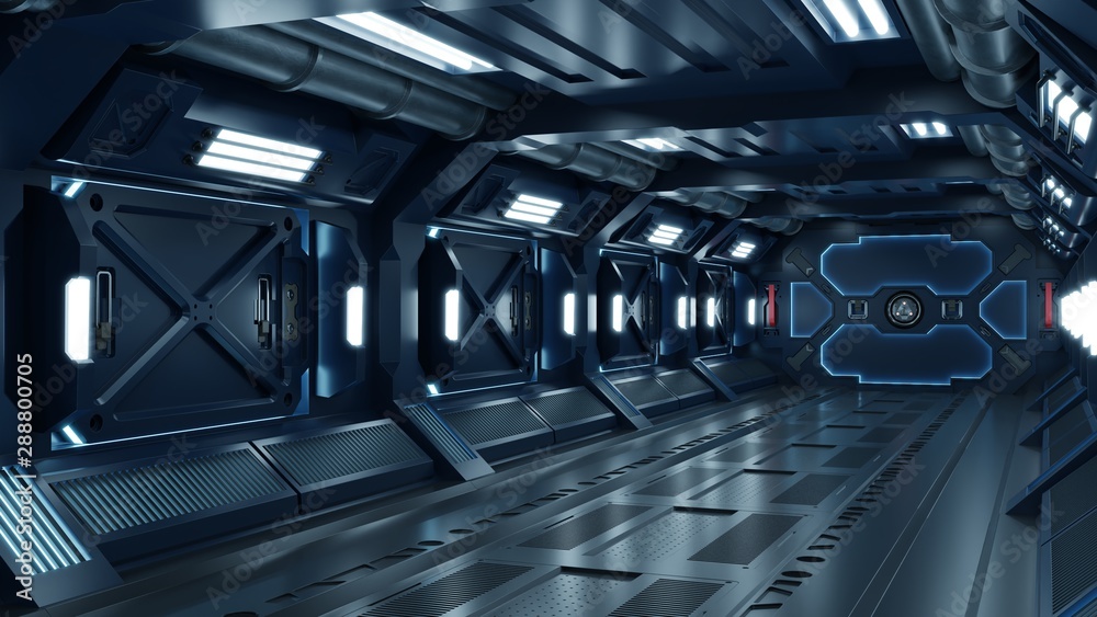 科幻背景小说室内室科幻宇宙飞船走廊蓝色。