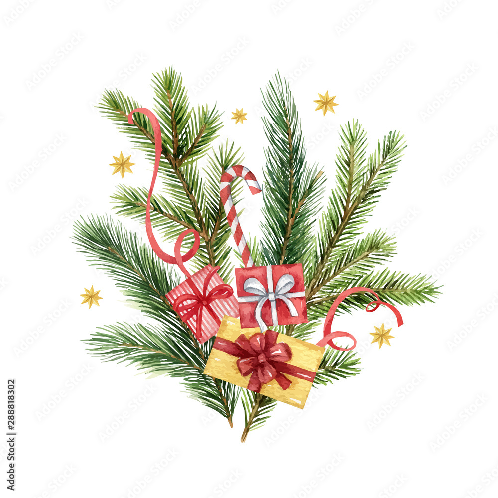 水彩矢量圣诞花束与冷杉树枝和礼物。