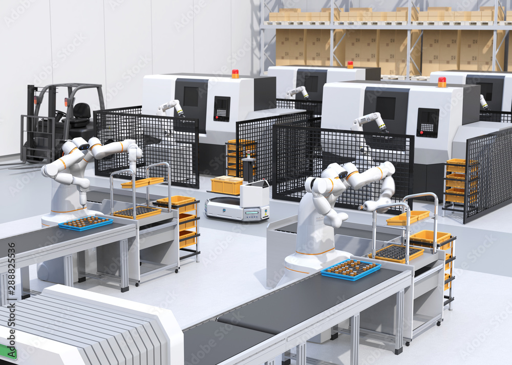 双臂机器人在细胞生产空间组装电机线圈。AGV通过CNC机器。智能因素