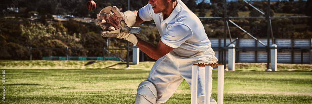 Wicketkeeper catching cricket ball behind stumps
