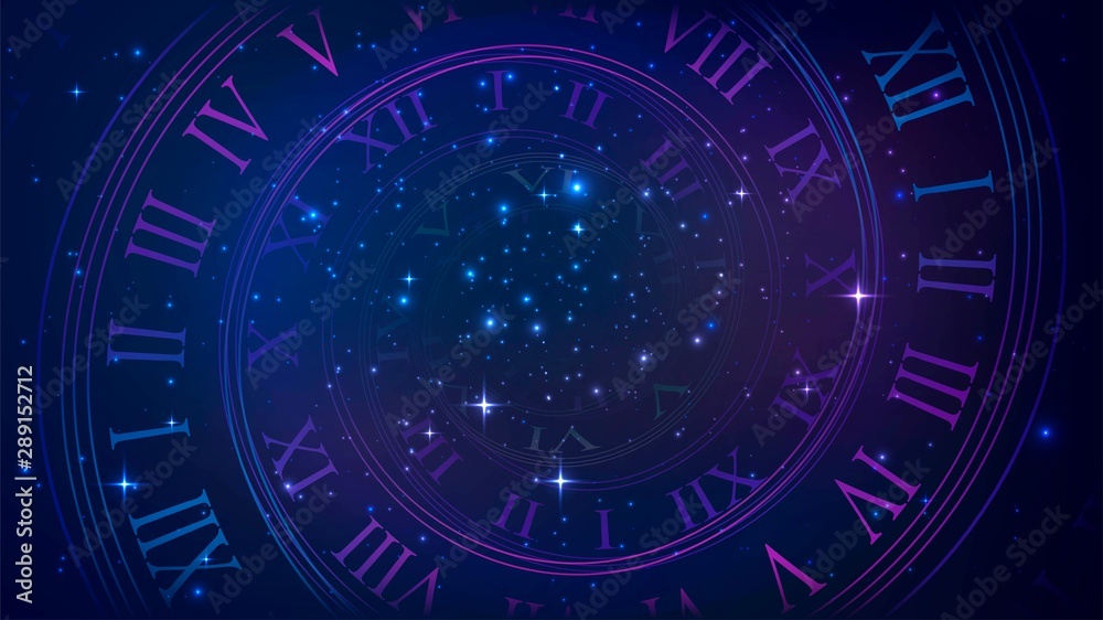背景是螺旋表盘，太空中的时钟。时间，永恒，宇宙隐喻