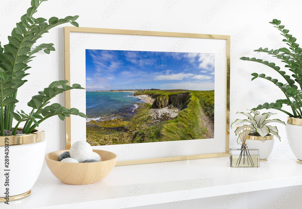 Golden frame leaning on white shelve in interior with plants and decorations mockup 3D rendering